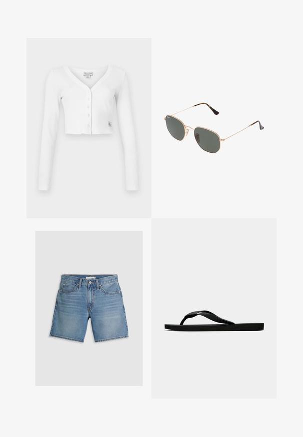 Bijela skraćena kardigan jakna s V-izrezom, dugim rukavima i šest dugmadi sprijeda. Ima malu oznaku branda na donjem lijevom dijelu.; Bijela bluza od lana s kratkim rukavima, koja sadrži vezenje s okcima i zatvaranje s prednje strane na mašnu, te detalje s valovitim izrezom i rubom.; Svijetloplave traper šortseve, s ravnim krojem, pet džepova i kopčanjem na dugme. Izrađene su od pamuka s glatkom teksturom.; Crne gumene japanke s teksturiranim remenom i jednostavnom ravnom potplatom, prikazane s strane na jednostavnoj svijetloj pozadini.; Naočale s metalnim okvirom u zlatnoj boji i tamnozelenim lećama, avijatičarskog stila, sa tankim drškama i kornjačevim naglascima na vrhovima.; Smeđa kožna torba s monogramom sa zlatnim lančićem, zatvaranjem na zip i ravnim, pravokutnim oblikom. Ima logotip otisnut sprijeda.