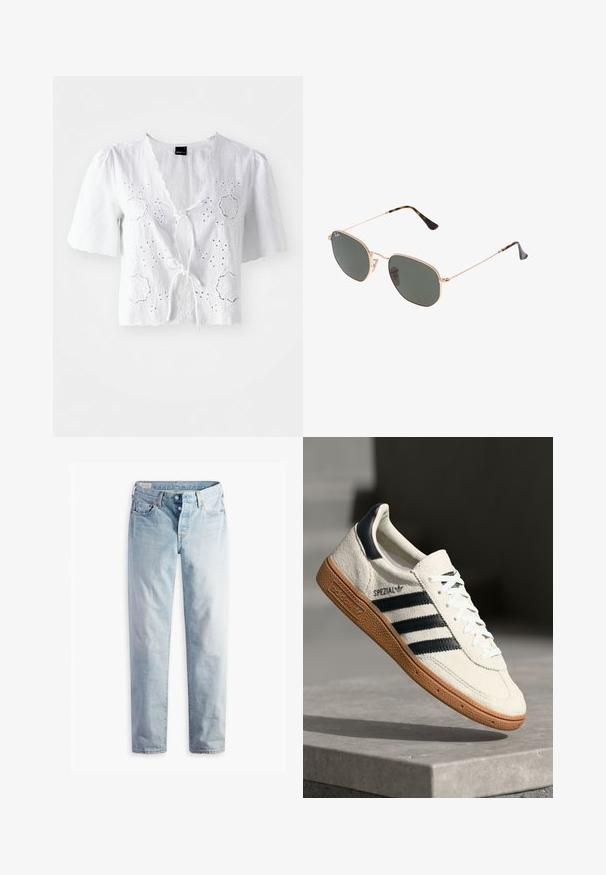 Valge lühike kardigan, millel on V-kaelus, pikad varrukad ja kuus nööpi ees. Esiküljel on väike brändipatch all vasakul.; Valge linasest pluus lühikeste varrukatega, millel on augutöö ja ees olev sidumisdetail, laineline kaelus ja hem detailid.; Heledad sinine denimidest püksid sirge lõikega, kahe esipocketi ja kahe tagataskuga. Omandab kahekaupa nööbivahendi ja peene õmbluse.; Valge suede toss, millel on tumesinised triibud, kummist alus, tekstureeritud pealis, ümar varvas ja paelad; külgedel ja keelel on brändingu elemendid.; Kuldne metallraamiga prillid tumeroheline lensega, piloot-stiil, millel on õhukesed käepidemed ja kilpkonna mustriga aktsendid otstes.; Pruun monogrammiga nahkrehv, millel on kuldne ahelrihm, lukuga sulgemine ja lame, ristkülikuline kuju. Ees on logo reljeefne.