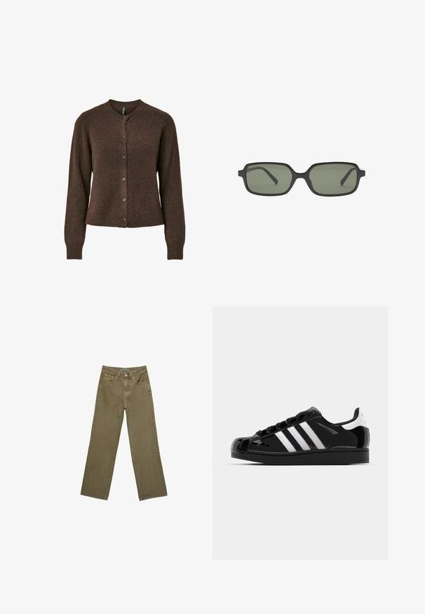 Hnedý sveter s okrúhlym výstrihom, dlhými rukávmi a gombíkovým zapínaním. Vyrobený z jemného textúrovaného materiálu, s priliehavým strihom.; Dva krátke rukávy: jeden čierny a jeden biely. Obe majú priliehavý strih s nariasením na bokoch a zakriveným lemom.; Olive zelené nohavice s širokými nohavicami v bavlne s pevnou textúrou. Obsahujú zips na prednej strane, päť vreciek a kontrastné šitie v blízkosti pásu.; adidas Originals SUPERSTAR II - Tenisky - core black/footwear white/gold metallic; Čierne obdĺžnikové slnečné okuliare s tmavozelenými šošovkami, ktoré majú plochý dizajn, minimalistické bočné strany a ľahký rám pre pohodlie.