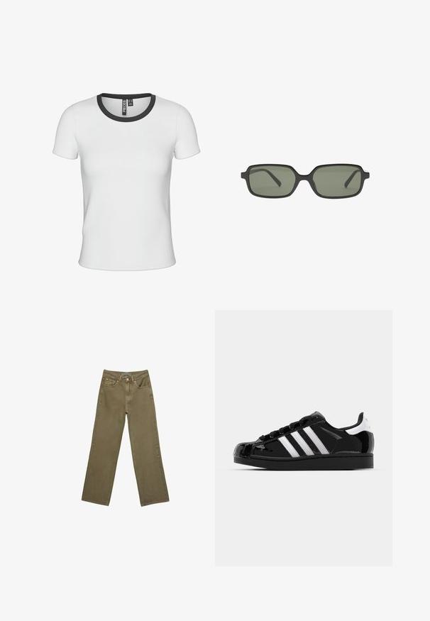 Brun kavaj med rund hals, långa ärmar och knäppning fram. Tillverkad av ett mjukt texturerat material, med en figursydd silhuett.; Vit ribbad t-shirt med rund hals som har en kontrasterande svart kant. Korta ärmar och en figurnära passform.; Olivgrön vida jeans i bomull med en kraftig textur. Har en dragkedja, fem fickor och kontrasterande sömmar vid midjan.; adidas Originals SUPERSTAR II - Sneakers - core black/footwear white/gold metallic; Svarta rektangulära solglasögon med mörkgröna linser, med en platt design, minimalistiska sidor och en lätt ram för komfort.; Svart läderhandväska med flätade handtag, dragkedjefack och hängande pom poms. Texturerad yta med metallnitar och hårdvaruaccenter.