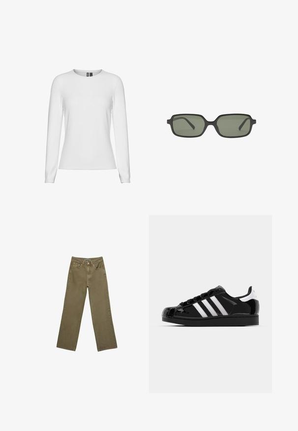 Cardigan marrone con collo rotondo, maniche lunghe e chiusura con bottoni. Realizzato in un materiale morbido e volutamente testurizzato, presenta una silhouette aderente.; Camicia bianca a maniche lunghe realizzata in un morbido cotone misto. Presenta un colletto a girocollo e un design aderente con polsini alle maniche.; Jeans a gamba larga in cotone verde oliva con una trama robusta. Presentano una chiusura con zip, cinque tasche e cuciture a contrasto vicino alla vita.; adidas Originals SUPERSTAR II - Sneakers basse - core black/footwear white/gold metallic; Occhiali da sole neri rettangolari con lenti verde scuro, caratterizzati da un design piatto, lati minimalisti e una montatura leggera per il massimo comfort.; Borsa a tracolla in pelle nera con manici intrecciati, tasca con zip e nappine pendenti. Superficie texturizzata con borchie metalliche e dettagli in metallo.