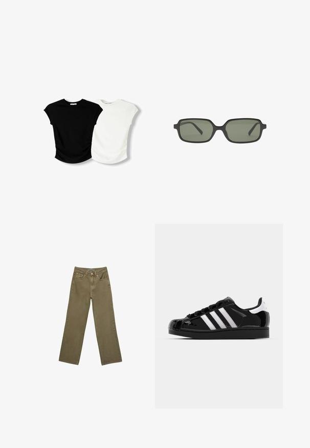 Hnedý sveter s okrúhlym výstrihom, dlhými rukávmi a gombíkovým zapínaním. Vyrobený z jemného textúrovaného materiálu, s priliehavým strihom.; Dva krátke rukávy: jeden čierny a jeden biely. Obe majú priliehavý strih s nariasením na bokoch a zakriveným lemom.; Olive zelené nohavice s širokými nohavicami v bavlne s pevnou textúrou. Obsahujú zips na prednej strane, päť vreciek a kontrastné šitie v blízkosti pásu.; adidas Originals SUPERSTAR II - Tenisky - core black/footwear white/gold metallic; Čierne obdĺžnikové slnečné okuliare s tmavozelenými šošovkami, ktoré majú plochý dizajn, minimalistické bočné strany a ľahký rám pre pohodlie.; Čierna kožená kabelka s vrkočovými uchami, zipsovou kapsou a zavesenými strapcami. Textúrovaný povrch s kovovými cvokmi a akcentmi z kovu.