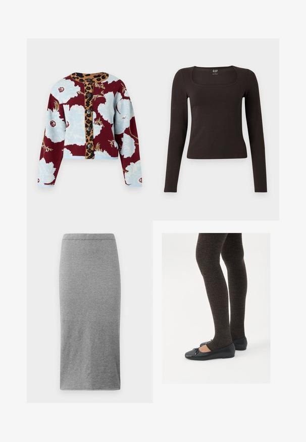 Gilet en tricot avec motif floral bleu et bordeaux, bande de boutons en imprimé léopard, et cinq boutons sur le devant. Poignets côtelés.; Haut noir à manches longues, ajusté, avec un décolleté carré, étiqueté GAP, affiché sur un fond blanc.; Jupe grise, longueur genou, fabriquée en tissu doux et extensible. Présente un design simple et près du corps avec une taille élastique et une texture lisse.; Chaussures plates noires avec un petit nœud au niveau des orteils, associées à des collants côtelés marron foncé. Les chaussures ont une texture lisse et un profil bas.