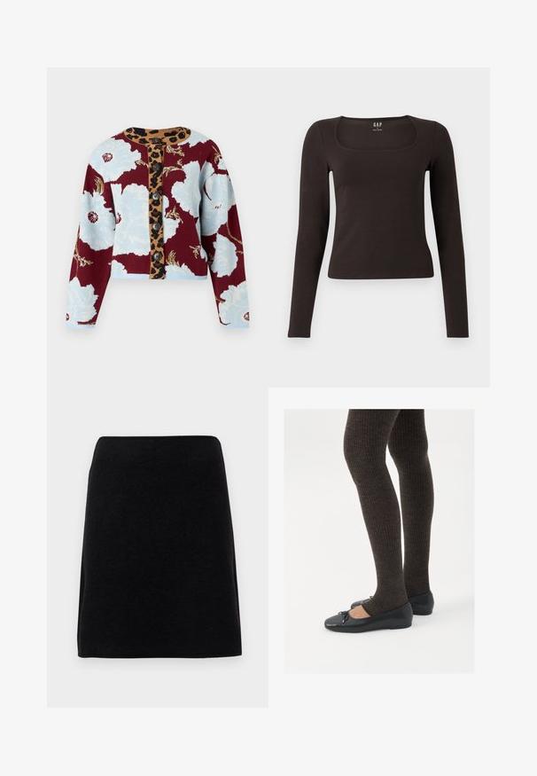 Sweter kardigan z kwiatowym wzorem w kolorze niebieskim i burgundowym, paskiem w cętki z guzikami oraz pięcioma guzikami z przodu. Z ribbany przy mankietach.; Czarny, długi rękaw, dopasowana bluzka z kwadratowym dekoltem, oznaczona marką GAP, wyeksponowana na białym tle.; Czarna mini spódnica wykonana z miękkiego materiału, o prostym kroju i bezszwowym pasku, bez widocznych zapięć czy wzorów.; Czarne płaskie buty z małym kokardkowym detalem na palcach, zestawione z ciemnobrązowymi rajstopami w prążki. Buty mają gładką teksturę i niski profil.