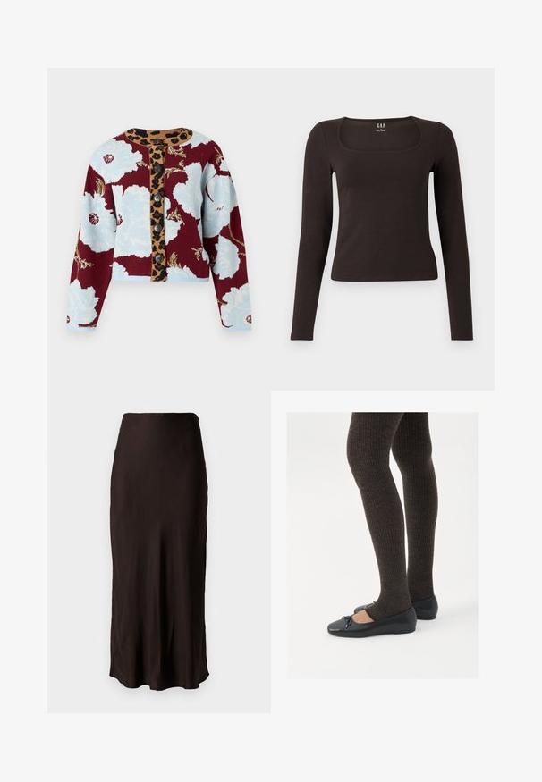Strickcardigan mit floralem Muster in Blau und Bordeaux, Knopfleiste im Leopardenmuster und fünf Knöpfen auf der Vorderseite. Rippbündchen.; Schwarzes, langärmliges, figurbetontes Oberteil mit quadratischem Ausschnitt, gekennzeichnet mit GAP, vor einem weißen Hintergrund präsentiert.; Schwarzer, knielanger Rock aus glattem, leichtem Stoff mit geradem Schnitt und seitlichem Schlitz. Verfügt über einen schlichten Bund.; Schwarze flache Schuhe mit einem kleinen Schleifendetail an der Zehe, kombiniert mit dunkelbraunen gerippten Strumpfhosen. Die Schuhe haben eine glatte Textur und ein niedriges Profil.