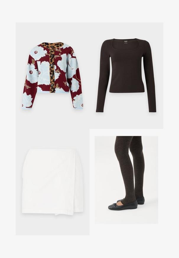 Knit cardigan with floral pattern in blue and burgundy, leopard print button strip, and five buttons down the front. Ribbed cuffs.; Black long-sleeve, fitted top with a square neckline, labeled GAP, displayed on a white background.; White skirt with a straight cut, wrap design, and clean edges. Made from lightweight fabric with a smooth texture and no visible patterns.; Black flat shoes with a small bow detail at the toe, paired with dark brown ribbed tights. Shoes have a smooth texture and low profile.
