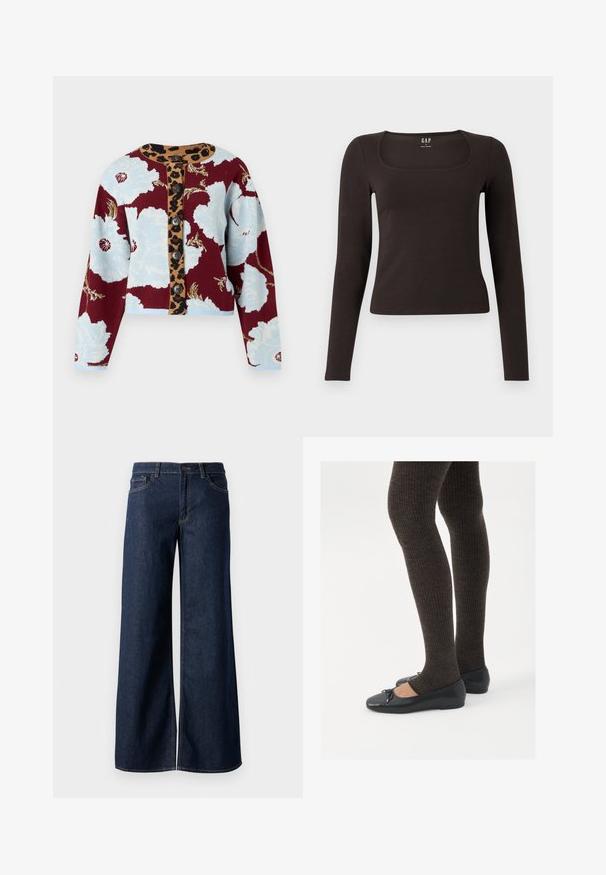 Knit cardigan with floral pattern in blue and burgundy, leopard print button strip, and five buttons down the front. Ribbed cuffs.; Black long-sleeve, fitted top with a square neckline, labeled GAP, displayed on a white background.; Wide-leg jeans in dark blue denim. Features contrast stitching, five pockets, and a button closure at the waist. Smooth texture.; Black flat shoes with a small bow detail at the toe, paired with dark brown ribbed tights. Shoes have a smooth texture and low profile.