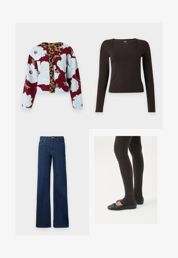Pleteni cardigan z cvetličnim vzorcem v modri in burgundski barvi, z leopardjim tiskom na gumbni pasici in petimi gumbi spredaj. Riblji manšeti.; Črn dolg rokav, prilegajoča majica s kvadratnim izrezom, označena z GAP, prikazana na belem ozadju.; Temno modri kavbojki z ravnim krojem, petimi žepi, zapiranjem na gumb in zadrgo ter minimalnimi šivi. Gladka tekstura.; Črne ravne čevlje z majhnim lokom na prstih, v kombinaciji s temno rjavimi rebrastimi nogavicami. Čevlji imajo gladko teksturo in nizko obliko.