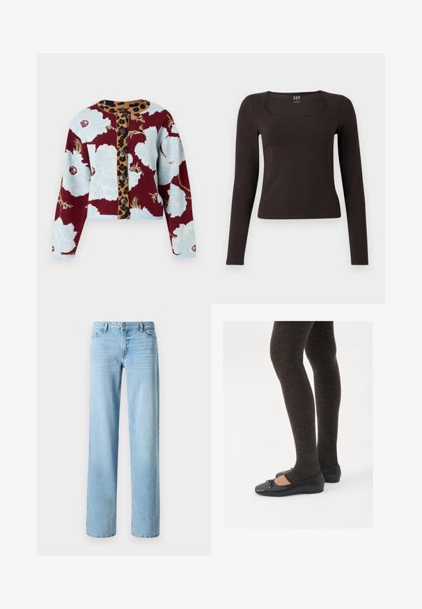 Knit cardigan with floral pattern in blue and burgundy, leopard print button strip, and five buttons down the front. Ribbed cuffs.; Black long-sleeve, fitted top with a square neckline, labeled GAP, displayed on a white background.; Light blue denim jeans, straight-leg design, with five pockets and a front button closure. Smooth texture with subtle fading.; Black flat shoes with a small bow detail at the toe, paired with dark brown ribbed tights. Shoes have a smooth texture and low profile.