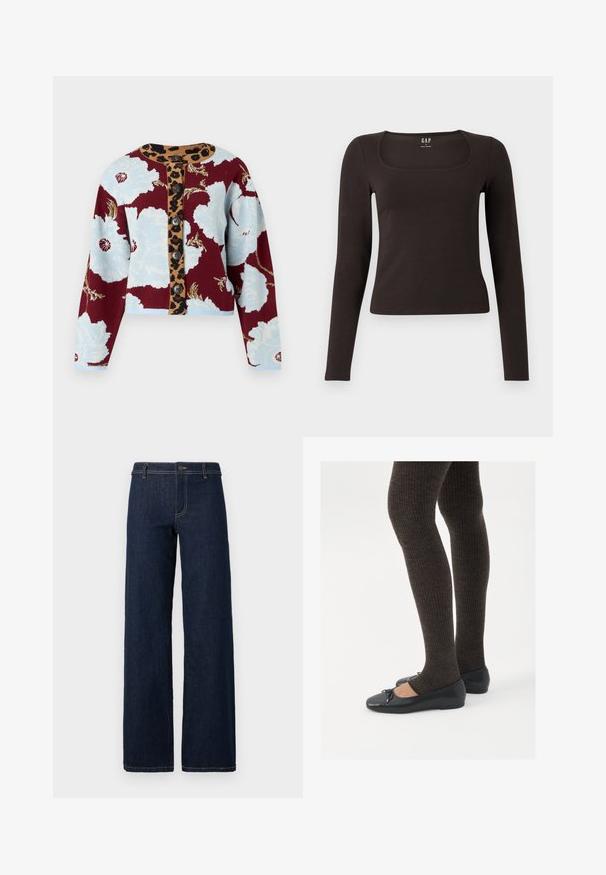 Pletený kardigan s květinovým vzorem v modré a burgundské barvě, leopardí vzor na knoflíkové liště a pět knoflíků vpředu. Manžety se žebrováním.; Černý dlouhý rukáv, přiléhavý top se čtvercovým výstřihem, označený značkou GAP, vystavený na bílém pozadí.; Široké tmavé džíny s klasickým pětipocket designem, vyrobené z denimu, s luxusním zlatým prošíváním a knoflíkovým zapínáním v pase.; Černé ploché boty s malou mašlí na špičce, kombinované s tmavě hnědými žebrovanými punčochami. Boty mají hladký povrch a nízký profil.