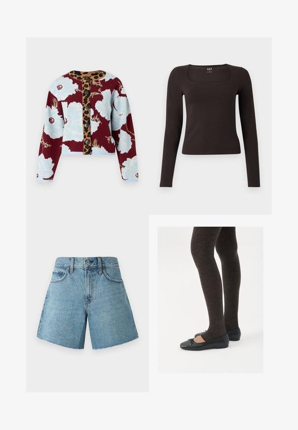 Kötött kardigán virágmintával kék és bordó színben, leopárdmintás gombcsíkkal és öt gombbal az elején. Bordás mandzsetták.; Fekete, hosszú ujjú, elasztikus felső négyzet alakú dekoltázzsal, GAP felirattal, fehér háttér előtt bemutatva.; Világoskék farmer rövidnadrág, magas derekú, öt zsebes és nyers szegélyű. Texturált pamut anyagból készült, klasszikus dizájnnal.; Fekete lapos cipők kis masni díszítéssel az orrán, sötétbarna bordázott harisnyával párosítva. A cipők sima textúrával és alacsony profilúak.