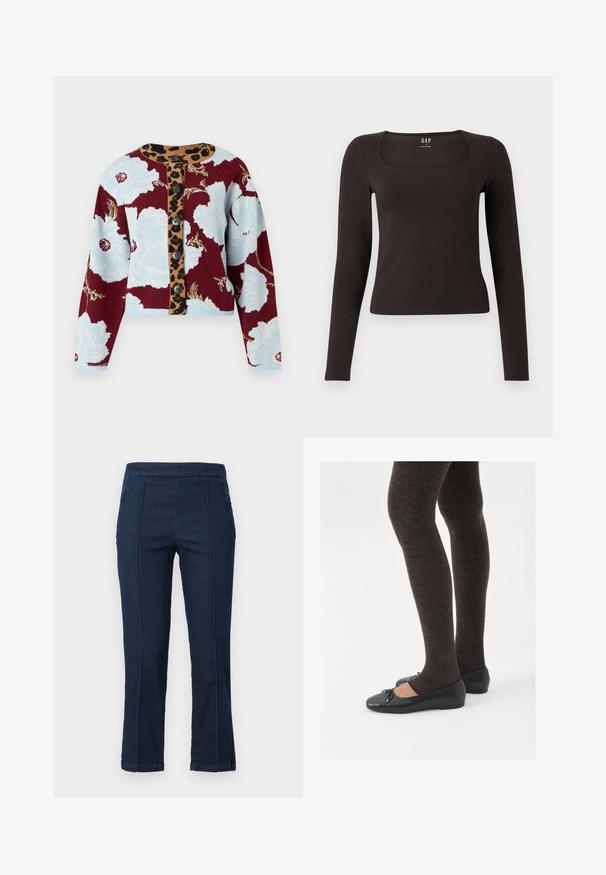 Pletiva kardigan s cvjetnim uzorkom u plavoj i burgundnoj boji, trakom s leopard uzorkom i pet dugmadi sprijeda. Rebrasti manžeti.; Crna majica dugih rukava, uskog kroja s kvadratnim izrezom, označena s GAP, prikazana na bijeloj pozadini.; Tamno plave traperice ravnog kroja, s kontrastnog šavom, bočnim džepovima i rubom koji se lagano širi na dnu.; Crne ravne cipele s malim mašnom na vrhu prstiju, uparene s tamnosmešnim rebrovanim čarapama. Cipele imaju glatku teksturu i nizak profil.