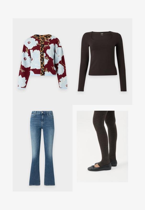 Knit cardigan with floral pattern in blue and burgundy, leopard print button strip, and five buttons down the front. Ribbed cuffs.; Black long-sleeve, fitted top with a square neckline, labeled GAP, displayed on a white background.; Faded blue denim flared jeans with a high waist, button closure, five-pocket design, and subtle stitching details along the seams.; Black flat shoes with a small bow detail at the toe, paired with dark brown ribbed tights. Shoes have a smooth texture and low profile.
