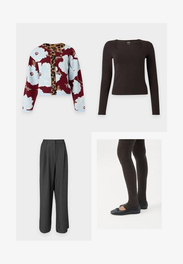 Cardigan tricotat cu model floral în albastru și burgund, bandă cu imprimeu de leopard pe mijloc și cinci nasturi pe față. Manșete ribbate.; Top negru cu mânecă lungă, aderent, cu decolteu pătrat, etichetat GAP, expus pe un fundal alb.; Pantaloni largi, de culoare gri închis, cu un design croit. Au o textură netedă, detalii de pliu și un talie de înălțime medie.; Pantofi negri cu un detaliu mic de fundiță la vârf, asortați cu colanți maro închis, cu textură ondulată. Pantofii au o textură netedă și un profil joase.