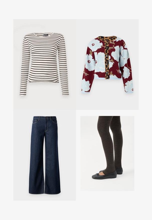 Pletiva kardigan s cvjetnim uzorkom u plavoj i burgundnoj boji, trakom s leopard uzorkom i pet dugmadi sprijeda. Rebrasti manžeti.; Prugasta majica s dugim rukavima u krem i crnoj boji. Ima rebrasti uzorak i okrugli izrez. Ravni rub s laganim bočnim prorezima.; Široke traperice u tamnoplavoj denim boji. Sadrže kontrastno šivanje, pet džepova i kopčanje na dugme u struku. Glatka tekstura.; Crne ravne cipele s malim mašnom na vrhu prstiju, uparene s tamnosmešnim rebrovanim čarapama. Cipele imaju glatku teksturu i nizak profil.