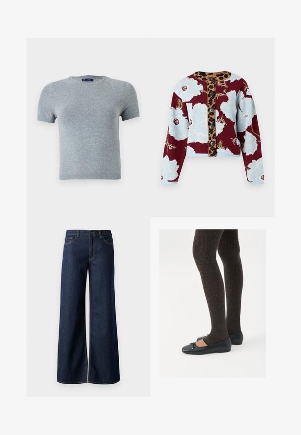 Pletený cardigan s kvetinovým vzorom v modrej a burgundskej farbe, leopardím vzorom na zapínaní a piatimi gombíkmi na prednej strane. Rúbkované manžety.; Sivá krátkosrstá tričko vyrobené z mäkkej pleteniny, s okrúhlym výstrihom a priliehavým strihom, s minimálnym šitím a bez vzorov.; Džínsy s širokými nohavicami v tmavomodrom denime. Obsahujú kontrastné prešívanie, päť vreciek a gombíkový zips v oblasti pása. Hladká textúra.; Čierne ploché topánky s malou mašľou na špičke, v kombinácii s tmavohnedými rebrovanými pančuchami. Topánky majú hladký povrch a nízky profil.