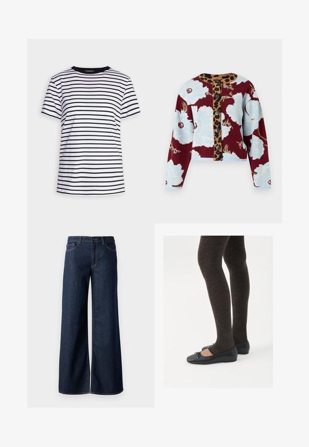 Strikket cardigan med blomstermønster i blått og burgunder, leopardmønstret kneppestrek, og fem knepp nedover fronten. Ribbestrikket mansjetter.; Svart-og-hvitt stripete T-skjorte laget av myk stoff. Den har rund hals og kortermede ermer, med jevnt fordelte horisontale striper.; Vide benbukser i mørkeblå denim. Har kontrastsøm, fem lommer og en knaplukning i taljen. Glat tekstur.; Sorte flate sko med en liten sløyfedetalj på tåen, kombinert med mørkebrune ribbede strømpebukser. Skoene har en glatt overflate og lav profil.