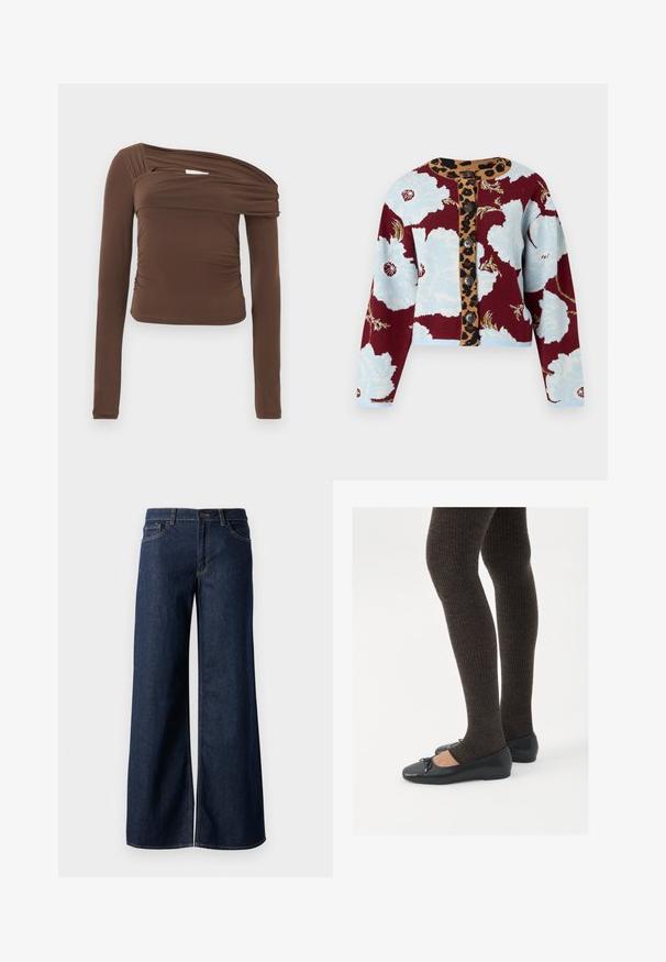 Cardigã de malha com padrão floral em azul e bordeaux, tira de botões com padrão de leopardo, e cinco botões na frente. Punhos canelados.; Top castanho de mangas longas com decote assimétrico, textura franzida e silhueta justa. Tecido suave com brilho subtil.; Jeans de perna larga em denim azul escuro. Apresenta costura em contraste, cinco bolsos e um fecho de botão na cintura. Textura lisa.; Sapatos planos pretos com um pequeno laço na ponta, emparelhados com meias-calças caneladas castanhas escuras. Os sapatos têm uma textura suave e um design discretamente baixo.