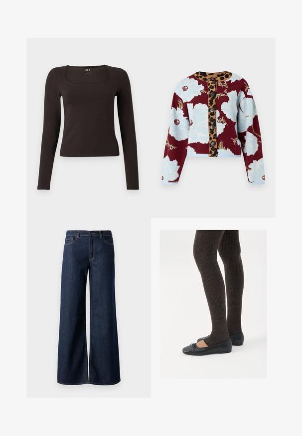 Gebreide cardigan met bloemenpatroon in blauw en bordeaux, leopardenprint knopenstrip en vijf knopen aan de voorkant. Geribde manchetten.; Zwarte lange mouwen, getailleerde top met een vierkante halslijn, gelabeled GAP, weergegeven op een witte achtergrond.; Stijlen met wijde pijpen in donkerblauw denim. Kenmerkt zich door contrasterende stiksels, vijf zakken en een knoopsluiting in de taille. Soepele textuur.; Zwarte platte schoenen met een kleine strikdetail op de neus, gecombineerd met donkerbruine geribbelde panty’s. De schoenen hebben een gladde textuur en een lage profiel.