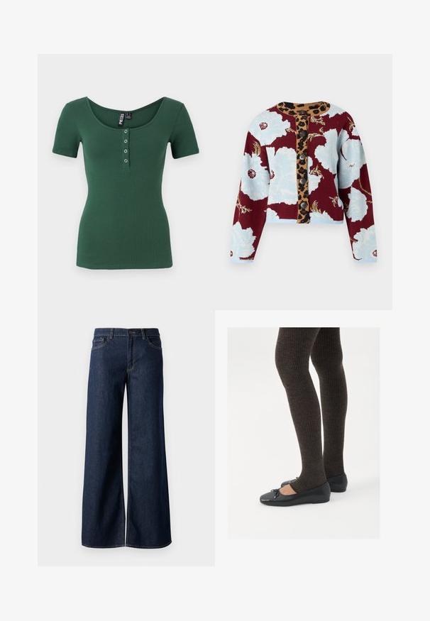 Adīta džempera jaka ar ziedu rakstu ziltā un burgundijas krāsā, leoparda raksta pogu strēle un piecas pogas priekšpusē. Ribota rokturu daļa.; Ribota, īsu piedurkņu topiņš tumši zaļā krāsā ar apaļu izgriezumu. Iekļauj pogu priekšpusi ar sudraba toņa sprādzēm. Mīksta tekstūra.; Platas kājas džinsi tumši zilā denima krāsā. Iespējas ir kontrastējošās vīles, piecas kabatas un pogu aizdare jostasvietā. Gluda tekstūra.; Melnas plakano formas kurpes ar mazu loku uz pirksta, apvienotas ar tumši brūnām ribotām zeķubiksēm. Kurpēm ir gluda tekstūra un zems profils.