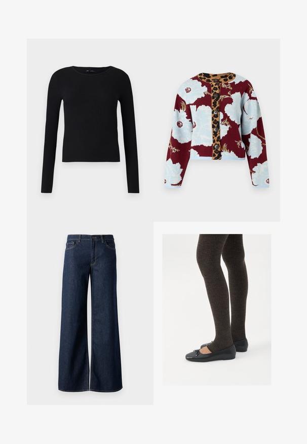 Sweter kardigan z kwiatowym wzorem w kolorze niebieskim i burgundowym, paskiem w cętki z guzikami oraz pięcioma guzikami z przodu. Z ribbany przy mankietach.; Czarny, prążkowany, długi rękaw top z okrągłym dekoltem. Wykonany z miękkiego, elastycznego materiału, ma dopasowany krój i minimalistyczne detale.; Jeansy z szerokimi nogawkami w ciemnoniebieskim denienie. Posiadają kontrastowe przeszycia, pięć kieszeni oraz zapięcie na guzik w talii. Gładka faktura.; Czarne płaskie buty z małym kokardkowym detalem na palcach, zestawione z ciemnobrązowymi rajstopami w prążki. Buty mają gładką teksturę i niski profil.