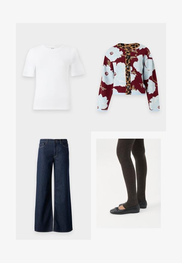 Sinine ja burgundi värvi lillemustriga kootud kampsun, leopardikujulise nupu riba ja viis nuppu ees. Ribaga mansetid.; Lihtne valge lühikeste käistega ringkaelusega T-särk, otseäärega ja GAP sildiga kaela sees, heledal taustal.; Laiad teksad tumesinises denimis. Omab kontrastõmblusi, viit taskut ja nupukinnitust vööl. Sile tekstuur.; Mustad mustad kingad väikese teksaga varvaste juures, koos tumedate pruunide ribakangastega. Kingadel on sile tekstuur ja madal profiil.