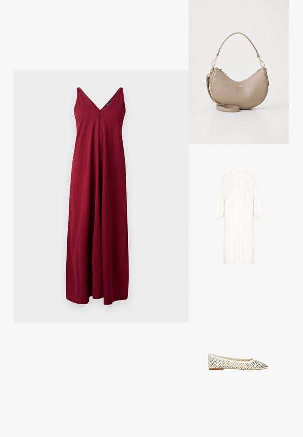 Biała kardiganka wykonana z teksturowanej dzianiny, z głębokim dekoltem w szpic, oversize'owymi rękawami w kształcie balonów oraz prostą sylwetką.; Bordowa, bezrękawnikowa sukienka maxi z dekoltem w kształcie V, wykonana z miękkiego materiału, charakteryzująca się luźnym krojem i długością do ziemi.; Białe perforowane baleriny z ostrym noskiem i płaską gumową podeszwą. Materiał wydaje się gładki z jednolitą fakturą i wzorem.; Beżowa torebka skórzana w kształcie półksiężyca z górnym zamkiem błyskawicznym, odczepianym paskiem na ramię oraz złotym logo "Lacoste Paris" z przodu.