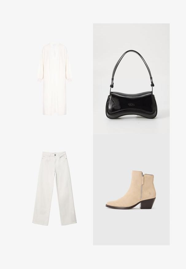 Vit kavaj i texturerad stickad tyg som har en djup V-ringning, överdimensionerade ballongärmar och en rak silhuett.; Vit kortärmad t-shirt i mjukt tyg, med rund halsringning och diskreta sömnadsdetaljer vid fållen.; Vita vida byxor i denim med hög midja, femfickorsdesign och metallknäppning. Slät textur, inga mönster.; Beige mockaskänga med sidodragkedja och svart klack, visad i profil mot en vit bakgrund.; Svart lackläderhandväska med en böjd form, ett enda handtag och en rundad botten. Har en subtil logotypdetalj på framsidan.
