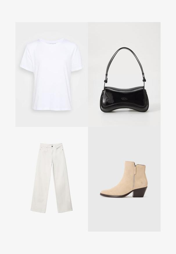 Biely kardigán vyrobený z textúrovanej pleteniny, s hlbokým výstrihom do V, nadmernými balónovými rukávmi a rovnou siluetou.; Biela bavlnená tričko s okrúhlym výstrihom, krátkymi rukávmi a voľným strihom, so hladkou textúrou a minimalistickým dizajnom.; Biele široké džínsy vyrobené z denimu, s vysokým pásom, dizajnom s piatimi vreckami a kovovým zapínaním. Hladká textura, bez vzorov.; Bežové semišové členkové čižmy so zipsom na boku a čiernym anatomickým opätkom, zobrazené v profile na bielom pozadí.; Čierna lakovaná kabelka s zakriveným tvarom, jedným uchom a zaobleným dnom. Na prednej strane sa nachádza decentný detail loga.