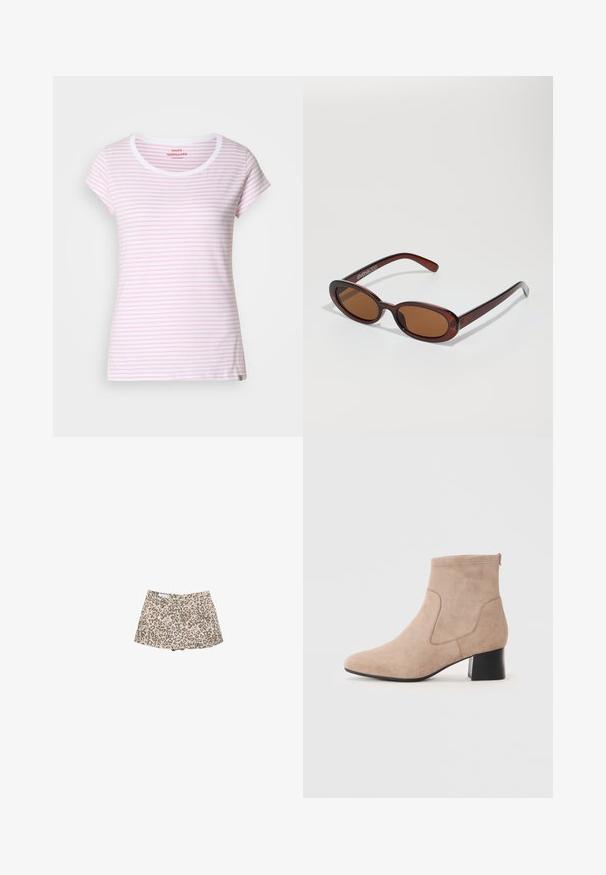 Vit kavaj i texturerad stickad tyg som har en djup V-ringning, överdimensionerade ballongärmar och en rak silhuett.; Rosa och vit randig t-shirt med rund halsringning och korta ärmar. Tillverkad av mjukt tyg med normal passform. Subtil varumärkesetikett vid nederkanten.; Däggdjursmönstrade denimshorts, beige bas med mörkbruna fläckar, hög midja, två framfickor och en stilren klippning.; Beiga mockaskängor med rund tå, elastiska sidor och en klack i blockformat med en slät svart yta.; Runda, bruntonade solglasögon med en glansig bordeauxfärgad ram. Smala bågar med subtilt varumärkesdetalj. Platt linsdesign.; Beige halvmåneformad läderhandväska med dragkedja upptill, avtagbar axelrem och guld "Lacoste Paris"-logotyp framtill.; Guldmetallring med en slät, rundad design och en polerad yta. Har en organisk form, är bred i mitten och avsmalnar mot kanterna.