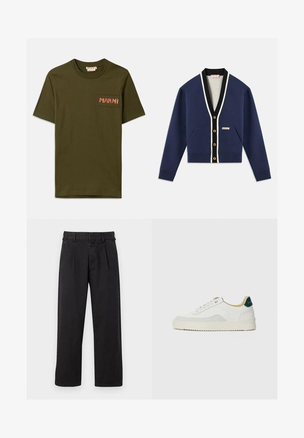Cárdigan navy con acentos en blanco y negro, con cuello en V, cierre de botones y dos bolsillos frontales. Tejido texturizado y botones dorados.; Camiseta de algodón verde olivo con cuello redondo, que presenta un pequeño bolsillo de parche y el bordado "MARNI" en hilo rojo.; Pantalones de algodón negros de corte recto, con un frente plisado, presillas para el cinturón y cierre de botón. Textura suave sin patrones.; Zapatilla blanca con acentos de ante, puntera redondeada, cordones planos y suela de goma color crema. Presenta un logo verde en el talón.