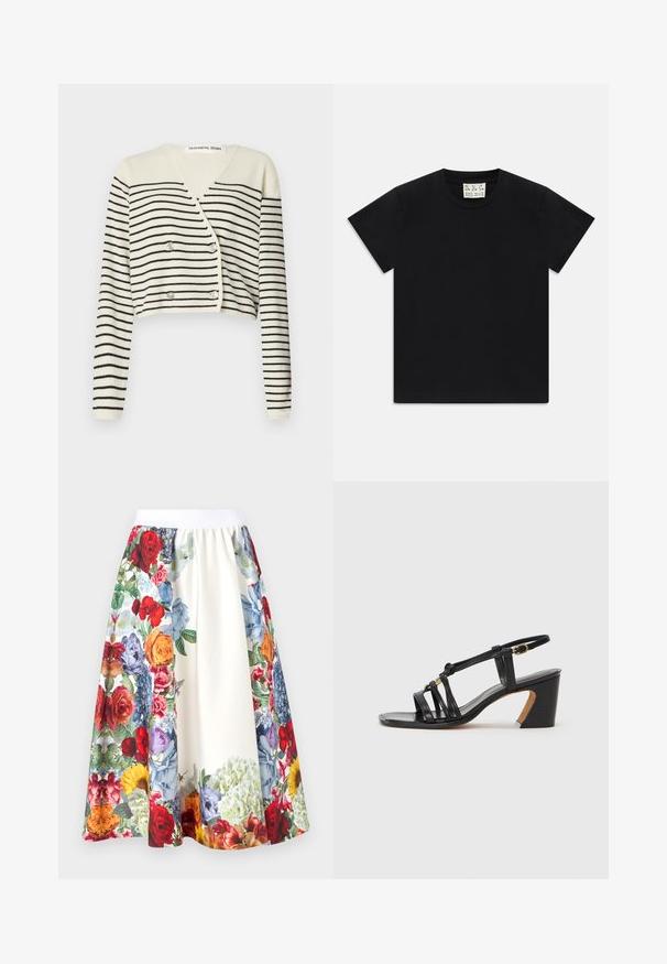 Cardigan scurt de culoare crem, cu dungi orizontale negre. Construit cu decolteu în V, mâneci lungi și închidere cu două butoane pentru un accent elegant.; Tricou negru cu mânecă scurtă și guler rotund, având un etichetă albă în interiorul gulerului, inscripționată cu "D.R.C. EST. 2002" pe un fundal alb.; Alice + Olivia EARLA FLARE MIDI SKIRT - Fustă în formă de A - off white; Paul Smith AMIRA - Pantofi clasici cu toc - black