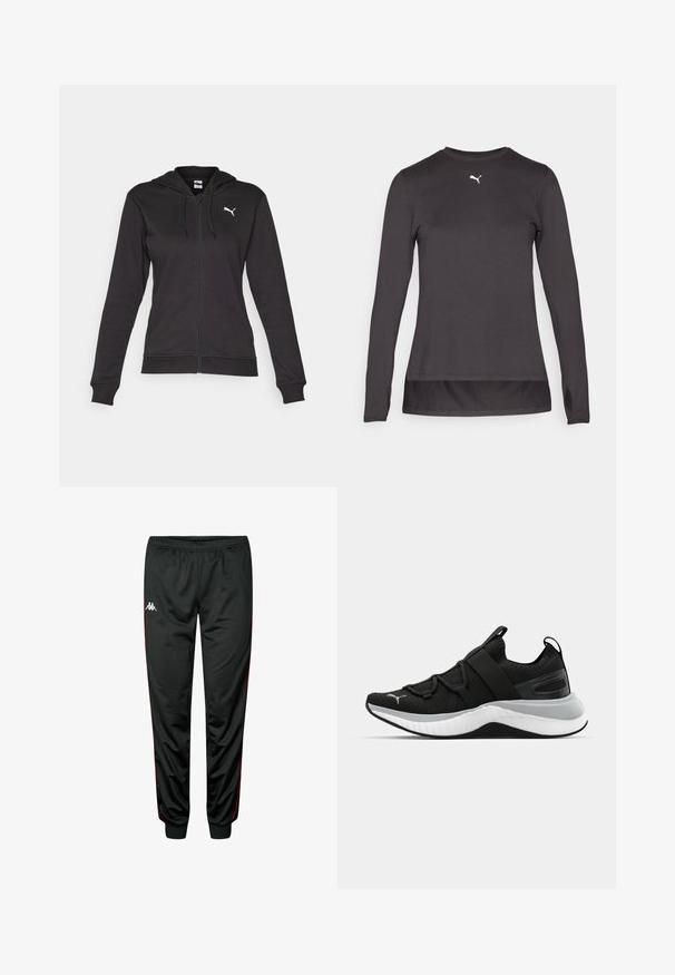 Crni zip-up dukserica napravljena od mekog pamuka, sa kengur džepom, podesivim vezicama i bijelim logom na lijevoj strani grudi.; Crna dugorukava sportska majica s okruglim izrezom, koja na prsima ima mali bijeli logo i otvore za palčeve na manžetama. Glatka tekstura.; Crne atletske hlače s crvenim bočnim prugama, elastičnim pojasom, sužavajućim nogavicama, izrađene od glatkog, laganog materijala. Imaju logo sprijeda.; Crna atletska cipela s teksturiranim gornjim dijelom, elastičnim trakama i debelim bijelim potplatom. Ima sivi akcent uz potplat.