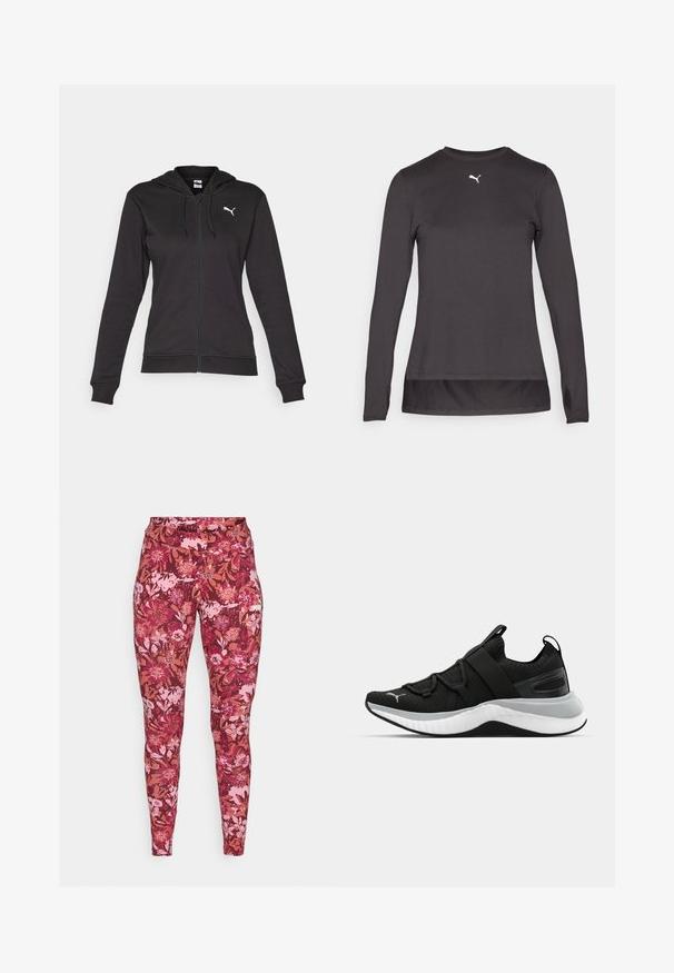 Black zip-up hoodie made of soft cotton blend, featuring a Kangaroo pocket, adjustable drawstrings, and a white logo on the left chest.; Black long-sleeve athletic shirt with a round neckline, featuring a small white logo on the chest and thumbholes at the cuffs. Smooth texture.; Floral leggings in a dark pink and burgundy colorway, featuring a variety of flowers and leaves. Made from a stretchy, fitted material.; Black athletic shoe with a textured upper, elastic straps, and a thick white midsole. Features a grey accent along the sole.