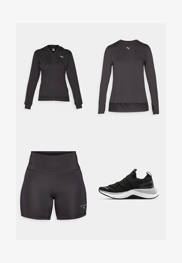 Čierna mikina na zips vyrobená z jemnej bavlnenej zmesi, s klokaním vreckom, nastaviteľnými šnúrkami a bielym logom na ľavej hrudi.; Čierna dlhá športová košeľa s okrúhlym výstrihom, s malým bielym logom na hrudi a otvormi na palce na manžetách. Hladká textúra.; Čierne atletické šortky s vysokým pásom, vyrobené z hladkého, elastického materiálu. Majú ploché švy a biele logo na spodnom pravej strane.; Čierne športové topánky s textúrovaným zvrškom, elastickými pásikmi a hrubou bielou medzipodrážkou. Obsahujú sivý akcent pozdĺž podrážky.