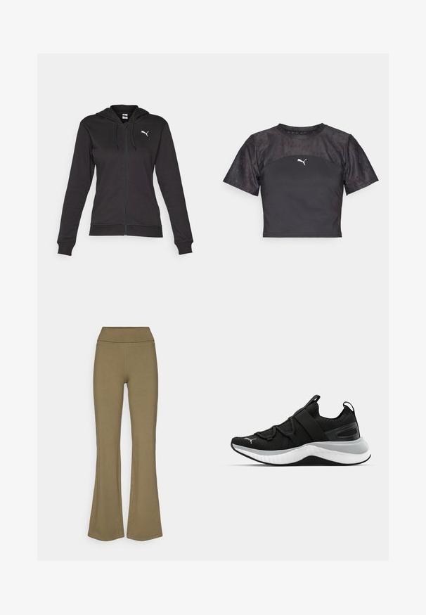 Juodas džemperis su užtrauktuku, pagamintas iš minkštos medvilnės mišinio, turintis kengūros kišenę, reguliuojamus raiščius ir baltą logotipą kairėje krūtinės pusėje.; Juodas trumpas t-shirt su trumpomis rankovėmis, turintis šiuolaikinį dizainą, tekstūruotą nėrinių panelę ir baltą Puma logotipą priekyje.; Alyvuogių žalios spalvos platėjančios kelnės, pagamintos iš minkštos medžiagos su aukštu juosmeniu. Išsiskiria lygiu paviršiumi ir neturi matomų raštų ar metalinių akcentų.; Juodas sportinis batelis su tekstūruota viršutine dalimi, elastingomis juostomis ir storesniu baltu tarpiniai. Yra pilkas akcentas palei pado kraštą.