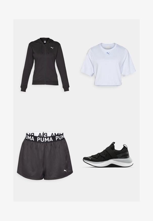 Fekete cipzáros kapucnis pulóver puha pamut keverékből, kenguru zsebbel, állítható húzózsinórral és fehér logóval a bal mellrészen.; Fehér, rövid ujjú, cropped póló, kerek nyakkivágással és egy kis kék Puma logóval a mellkason. Sima szövet textúra.; Fekete sportnadrág elasztikus derekkal, fehér "PUMA" felirattal, sima, könnyű anyagból készült.; Fekete sportcipő textúrázott felső résszel, rugalmas pántokkal és vastag fehér középtalppal. Szürke akcentussal rendelkezik a talp mentén.