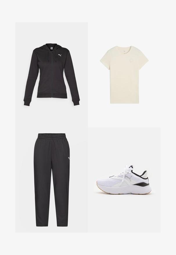 Black zip-up hoodie made of soft cotton blend, featuring a Kangaroo pocket, adjustable drawstrings, and a white logo on the left chest.; Short-sleeved light beige t-shirt made of soft cotton, featuring a small white Puma logo patch on the upper left chest.; Black athletic pants with an elastic waistband, tapering legs, smooth texture, and a small white logo on the left hip.; White athletic shoe with mesh upper, black accents, and a thick rubber sole. Features traditional laces and textured areas for support.
