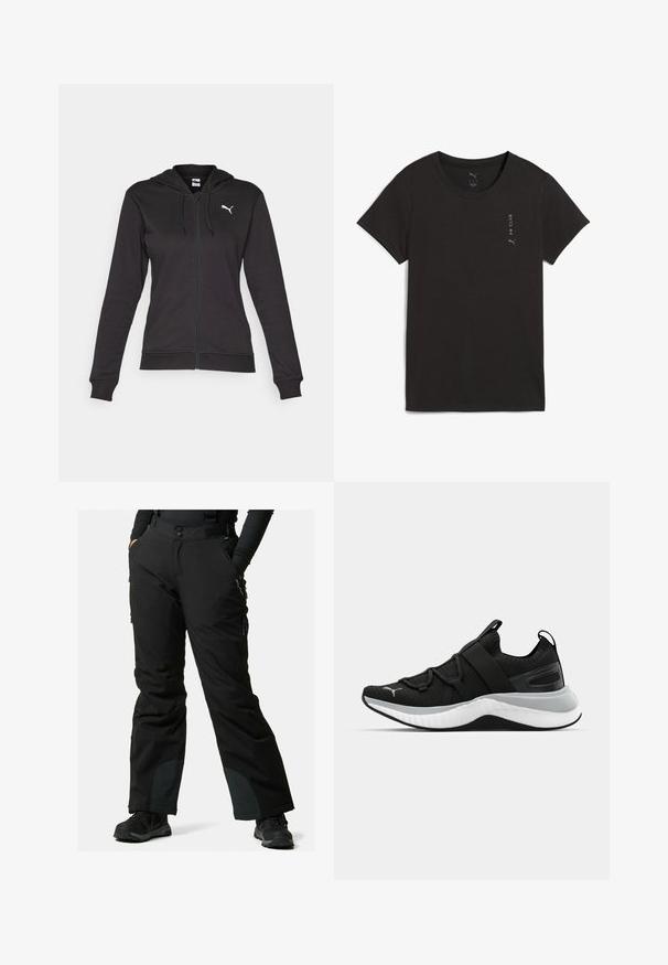 Zwarte zip-up hoodie gemaakt van een zachte katoenmix, met een kangoeroezak, verstelbare trekkoorden en een wit logo op de linkerborst.; Zwarte t-shirt met korte mouwen, gemaakt van katoen. Heeft een ronde halslijn en een klein grijs "PR CLUB" logo aan de linkerkant. Gladde textuur.; Zwarte sneeuwbroeken met verstelbare banden, een gladde textuur en ritszakken, met versterkt zwart materiaal bij de enkels.; Zwarte sportschoen met een gestructureerde bovenkant, elastische banden en een dikke witte tussenzool. Heeft een grijze accent langs de zool.