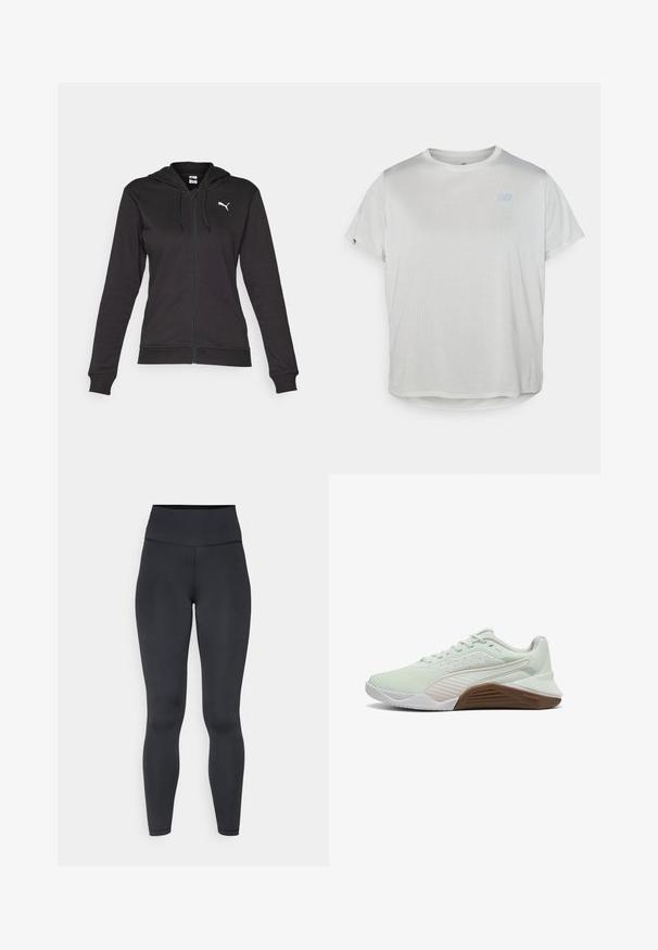 Zwarte zip-up hoodie gemaakt van een zachte katoenmix, met een kangoeroezak, verstelbare trekkoorden en een wit logo op de linkerborst.; Lichtgrijs, korte mouwen sport t-shirt van een gestructureerde mesh stof met een subtiele blauwe logo aan de voorkant. Ronde zoom aan de onderkant.; Hogstwaist zwarte leggings gemaakt van rekbaar materiaal, met een gladde textuur en een nauwsluitend ontwerp, met minimale stikdetails.; Lichtgroene sportschoen met een gestructureerde bovenkant, witte accenten en een bruine rubberen zool. Heeft ademend mesh en een versterkte neus.