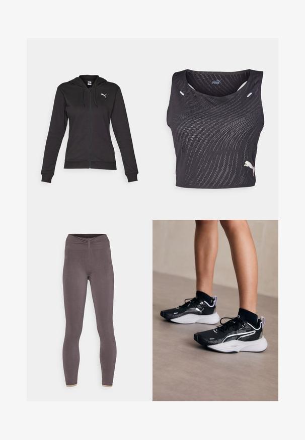 Juodas džemperis su užtrauktuku, pagamintas iš minkštos medvilnės mišinio, turintis kengūros kišenę, reguliuojamus raiščius ir baltą logotipą kairėje krūtinės pusėje.; Juodas be rankovių sportinis marškinėlis su tekstūruotu bangų raštu, mažomis skylutėmis kvėpuojamumui užtikrinti ir kontrastinga logotipu ant apatinės dalies.; Yogasearcher CHENDA SEAMLESS LEGGING - Tamprės - lavastone; Juodi sportiniai batai su baltais akcentais, tinklinė viršutinė dalis, raišteliai ir paminkštintas kulnas. Ypatybės: tekstūruotas padas sukibimui.