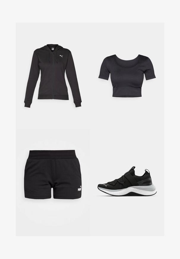 Fekete cipzáros kapucnis pulóver puha pamut keverékből, kenguru zsebbel, állítható húzózsinórral és fehér logóval a bal mellrészen.; Fekete bordás, rövid ujjú cropped top, széles, kerek nyakkivágással és illeszkedő pánttal az alján. Puha textúra, laza dizájn.; Fekete pamut rövidnadrág lapos derékpánttal, a bal alsó részen fehér Puma logóval. Az anyag sima tapintású.; Fekete sportcipő textúrázott felső résszel, rugalmas pántokkal és vastag fehér középtalppal. Szürke akcentussal rendelkezik a talp mentén.