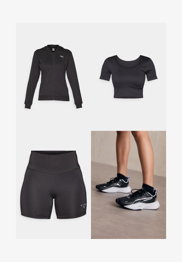 Zwarte zip-up hoodie gemaakt van een zachte katoenmix, met een kangoeroezak, verstelbare trekkoorden en een wit logo op de linkerborst.; Zwarte geribde cropped top met korte mouwen, brede ronde halslijn en een aansluitende band aan de onderkant. Zachte textuur, casual ontwerp.; Zwarte sportshorts met een hoge tailleband, gemaakt van soepel, rekbaar materiaal. Bevat platte naden en witte logo-tekst aan de onder rechterkant.; Zwarte sportschoenen met witte accenten, bovenwerk van mesh, veters en een gevoerde hak. Heeft een gemetste zool voor grip.