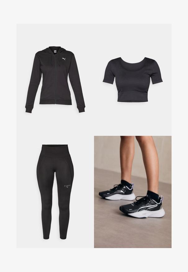 Black zip-up hoodie made of soft cotton blend, featuring a Kangaroo pocket, adjustable drawstrings, and a white logo on the left chest.; Black ribbed cropped top with short sleeves, wide round neckline, and a fitted band at the bottom. Soft texture, casual design.; Black athletic leggings with a high waistband, featuring a smooth texture and flat seams. Logo printed in white on the left side.; Black athletic shoes with white accents, mesh upper, laces, and cushioned heel. Features a textured sole for traction.