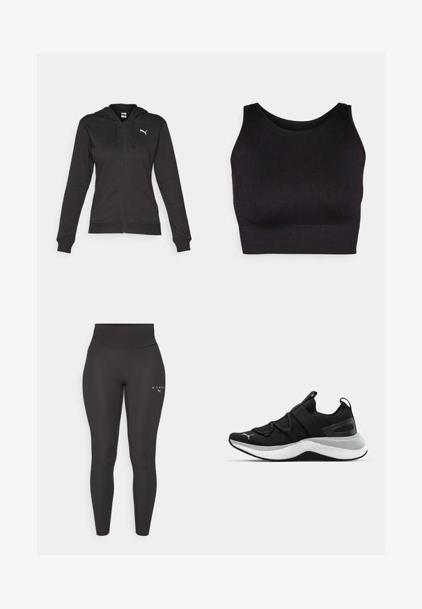 Hanorac negru cu fermoar, dintr-un amestec moale de bumbac, dotat cu un buzunar tip Kangaroo, șnururi ajustabile și un logo alb pe partea stângă a pieptului.; Top crop negru cu nervuri, cu gât înalt și orificii largi pentru brațe, realizat dintr-un material moale și elastic pentru confort și cu un design fără cusături.; Leggings atletici negri confecționați dintr-un material elastic, având o talie înaltă și detaliu subtil al logo-ului pe piciorul stâng. Textură netedă.; Pantof de sport negru cu un upper texturat, curele elastice și o talpă intermediară groasă albă. Are un accent gri pe lungimea tălpii.