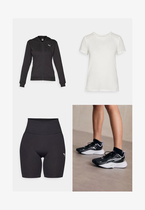Svart zip-up hettegenser laget av en myk bomullsblanding, med kengurulomme, justerbare snorer og en hvit logo på venstre bryst.; Hvit t-skjorte med kort erm laget av mykt stoff, med rund hals og en avslappet passform med glatte, sømløse skulderdetaljer.; Sorte høydejusterte treningsshorts laget av elastisk materiale, med en tettsittende design, flate sømmer og en liten hvit logo på siden.; Sorte treningsko med hvite detaljer, mesh-øyverflate, snøring og polstret hæl. Har en teksturert såle for godt grep.
