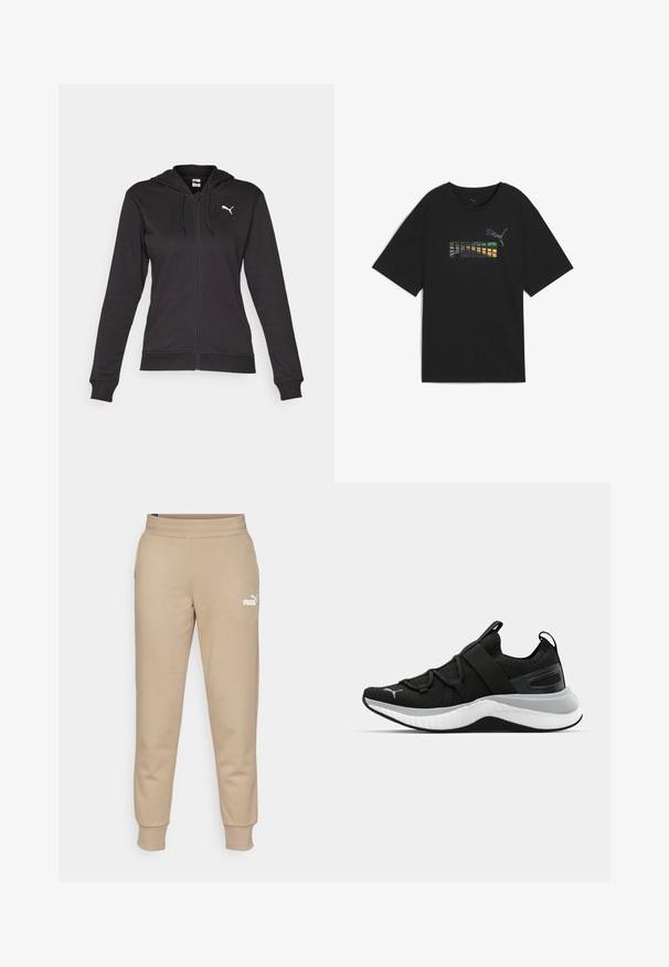 Black zip-up hoodie made of soft cotton blend, featuring a Kangaroo pocket, adjustable drawstrings, and a white logo on the left chest.; Black t-shirt with loose fit, featuring a multicolored "PUMA" text graphic and logo on the chest. Made from soft cotton fabric.; Beige sweatpants made of soft fabric, featuring a ribbed waistband, tapered legs, and a white Puma logo on the left thigh.; Black athletic shoe with a textured upper, elastic straps, and a thick white midsole. Features a grey accent along the sole.