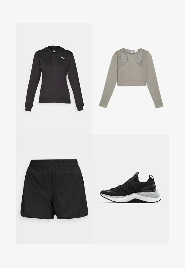 Zwarte zip-up hoodie gemaakt van een zachte katoenmix, met een kangoeroezak, verstelbare trekkoorden en een wit logo op de linkerborst.; Lichtgrijze, geribbelde cropped top met lange mouwen en schouderuitsparingen, voorzien van een subtiele logo. Heeft een aansluitende pasvorm en een gestructureerde stof.; Zwarte sportshorts met een elastische tailleband, een gladde textuur en zijzakken. Heeft een lengte tot halverwege de bovenbenen en een minimalistisch ontwerp.; Zwarte sportschoen met een gestructureerde bovenkant, elastische banden en een dikke witte tussenzool. Heeft een grijze accent langs de zool.