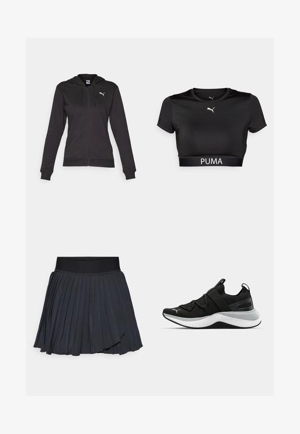 Crni zip-up dukserica napravljena od mekog pamuka, sa kengur džepom, podesivim vezicama i bijelim logom na lijevoj strani grudi.; Crna skraćena majica od glatke tkanine, s okruglim izrezom, kratkim rukavima i PUMA logom u bijeloj boji uz donji rub.; Crna plisirana suknja s širokim elastičnim pojasom, izrađena od glatkog materijala s suptilnim sjajem, dužine do koljena s višeslojnim dizajnom.; Crna atletska cipela s teksturiranim gornjim dijelom, elastičnim trakama i debelim bijelim potplatom. Ima sivi akcent uz potplat.