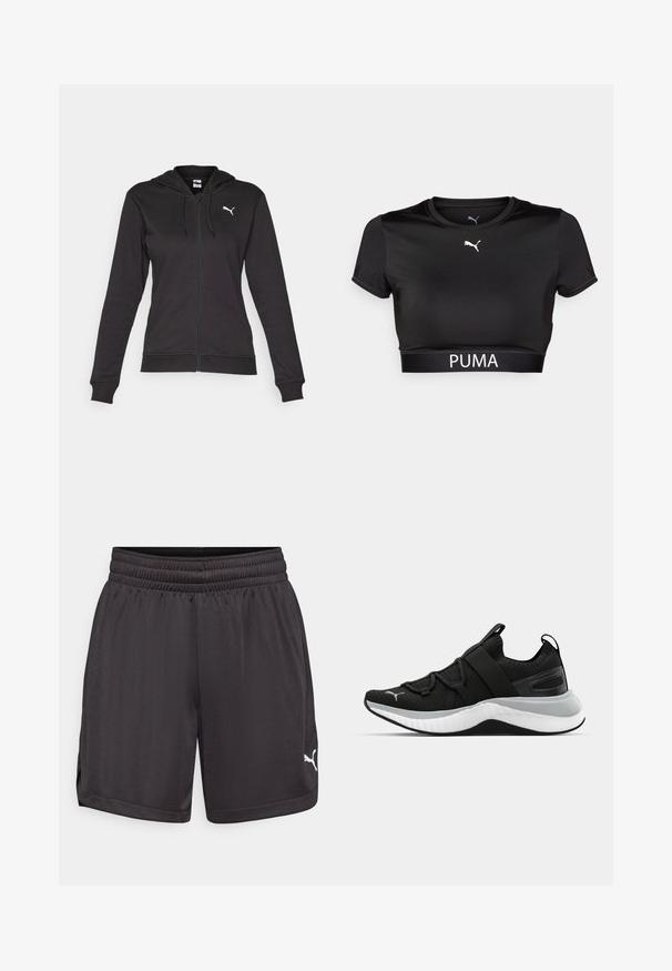 Juodas džemperis su užtrauktuku, pagamintas iš minkštos medvilnės mišinio, turintis kengūros kišenę, reguliuojamus raiščius ir baltą logotipą kairėje krūtinės pusėje.; Juodas trumpas marškinėliai, pagaminti iš lygaus audinio, su apvaliame iškirpime, trumpomis rankovėmis ir baltu PUMA logotipu per juostą.; Juodi sportiniai šortai, pagaminti iš lengvos medžiagos, su elastinga juosmens juosta ir šoninėmis sijomis judėjimui. Baltas logotipas apatinėje pusėje.; Juodas sportinis batelis su tekstūruota viršutine dalimi, elastingomis juostomis ir storesniu baltu tarpiniai. Yra pilkas akcentas palei pado kraštą.